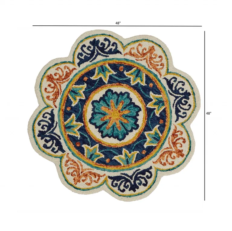 4' Round Ivory and Navy Decorative Area Rug Photo 3