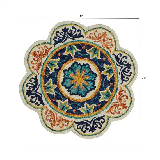 4' Round Ivory and Navy Decorative Area Rug Photo 3