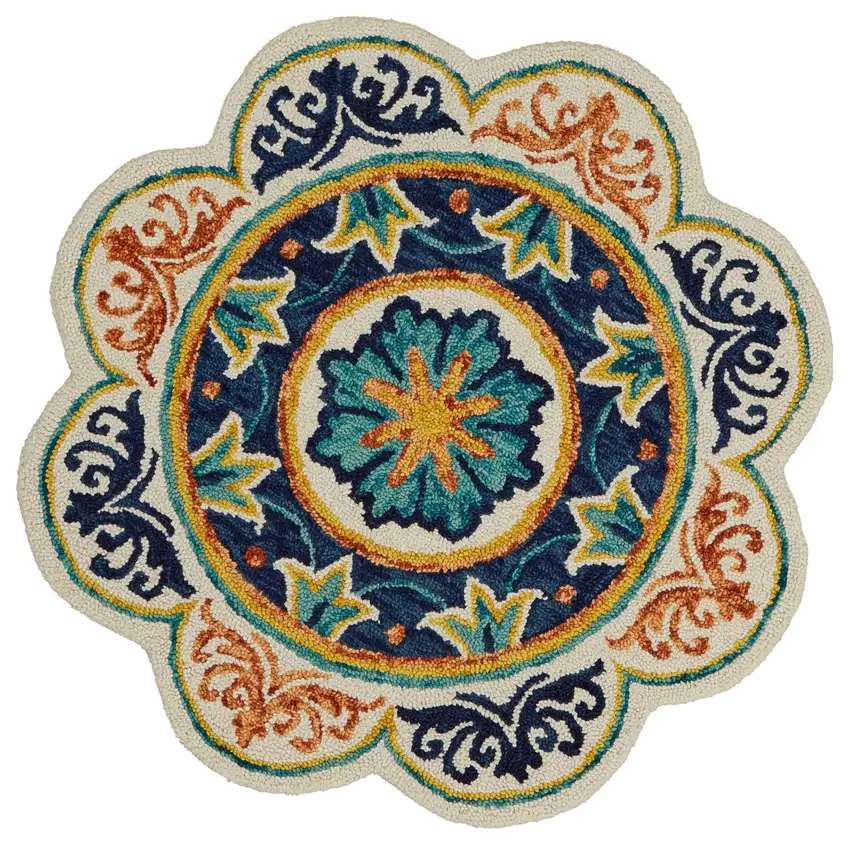 4' Round Ivory and Navy Decorative Area Rug Photo 1
