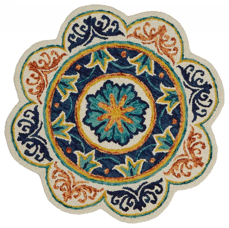 4' Round Ivory and Navy Decorative Area Rug Photo 1