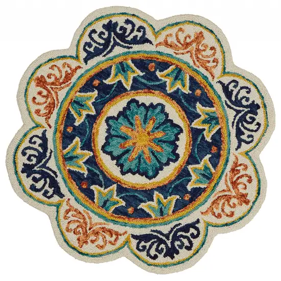 4' Round Ivory and Navy Decorative Area Rug Photo 1