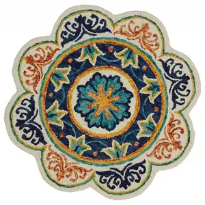 Photo of 4' Round Ivory and Navy Decorative Area Rug