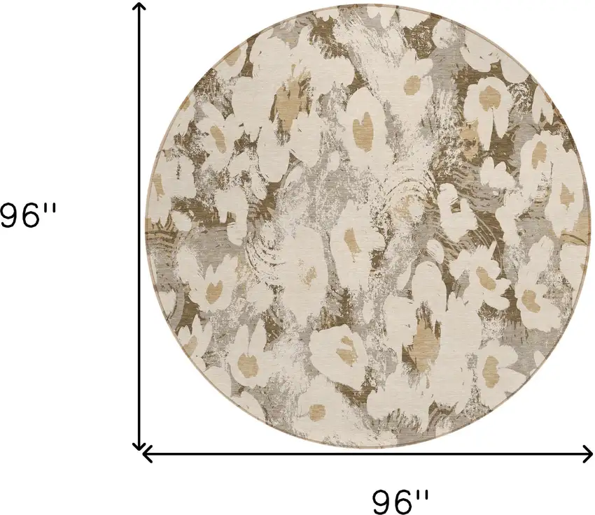Khaki Round Floral Washable Non Skid Indoor Outdoor Area Rug Photo 3