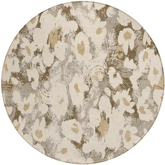 Khaki Round Floral Washable Non Skid Indoor Outdoor Area Rug Photo 2