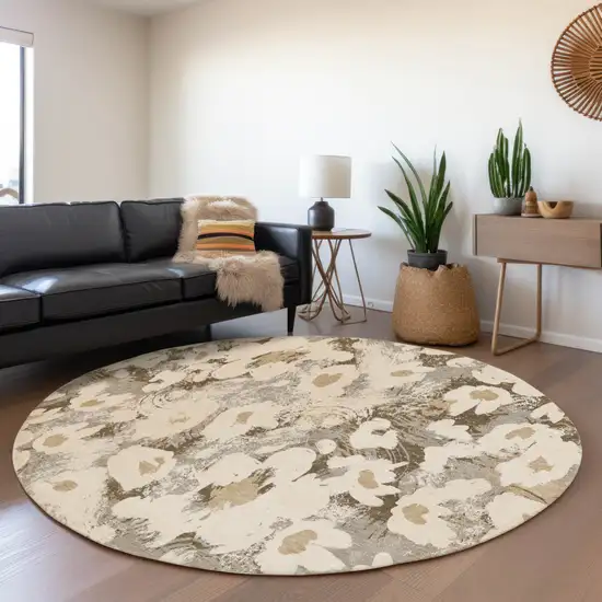 Khaki Round Floral Washable Non Skid Indoor Outdoor Area Rug Photo 9
