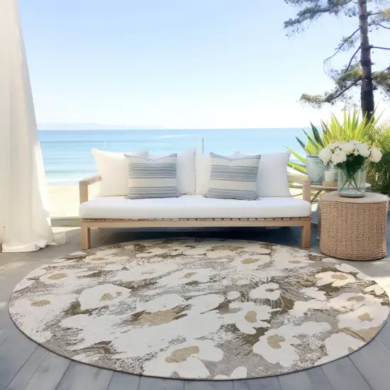 Khaki Round Floral Washable Non Skid Indoor Outdoor Area Rug Photo 9