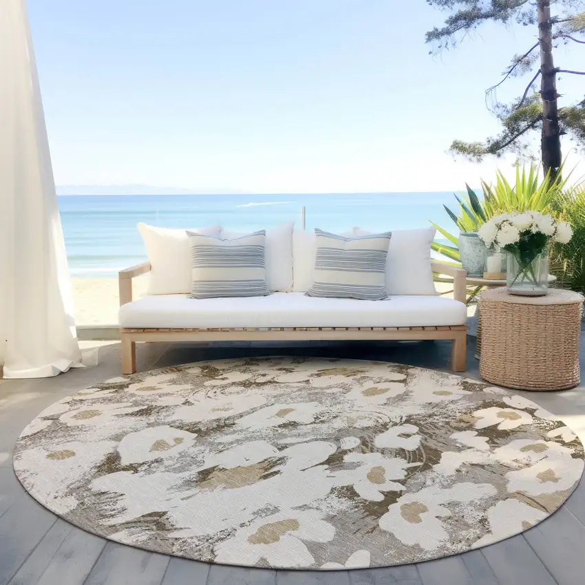 Khaki Round Floral Washable Non Skid Indoor Outdoor Area Rug Photo 9