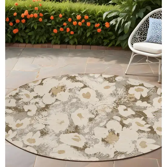 Khaki Round Floral Washable Non Skid Indoor Outdoor Area Rug Photo 1