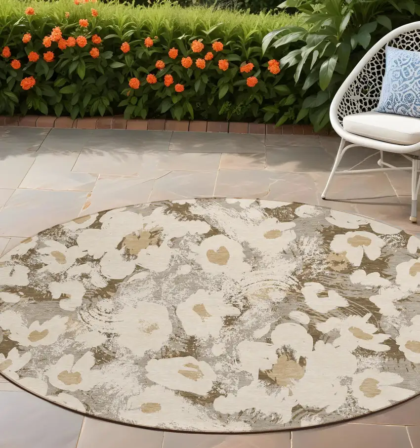 Khaki Round Floral Washable Non Skid Indoor Outdoor Area Rug Photo 1
