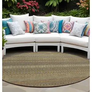 Photo of 8' Round Khaki Round Striped Washable Non Skid Indoor Outdoor Area Rug