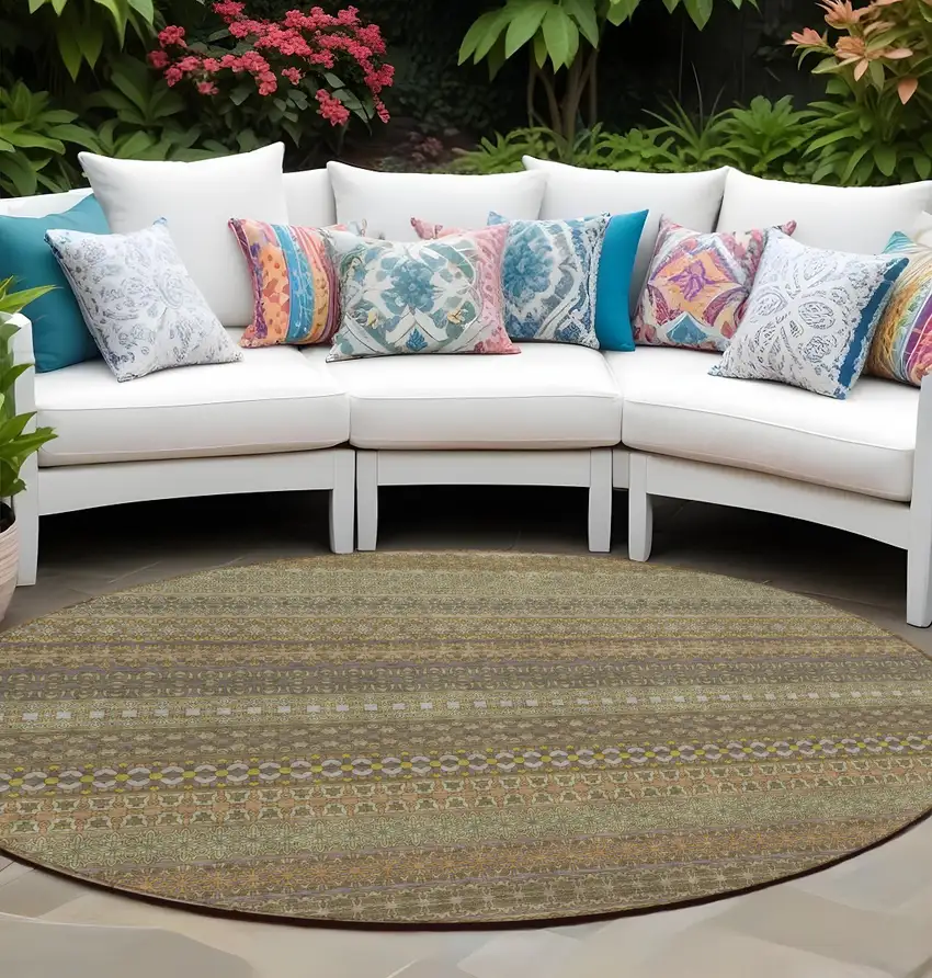 8' Round Khaki Round Striped Washable Non Skid Indoor Outdoor Area Rug Photo 1