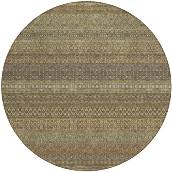 Khaki Round Striped Washable Non Skid Indoor Outdoor Area Rug Photo 2
