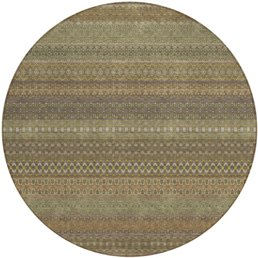 Khaki Round Striped Washable Non Skid Indoor Outdoor Area Rug Photo 2