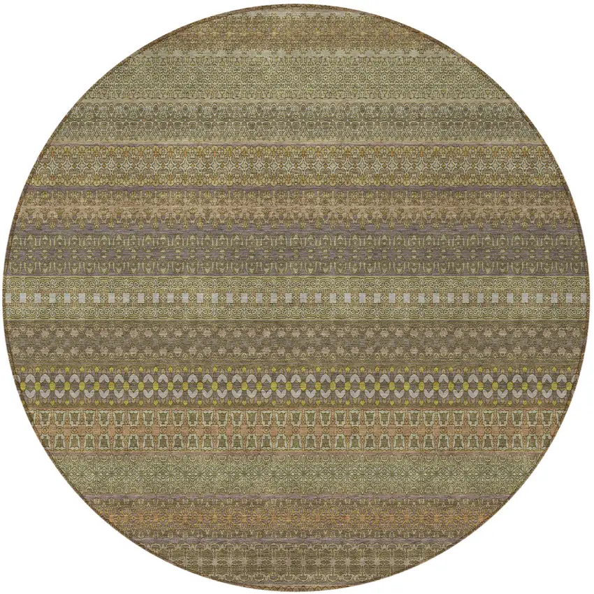 Khaki Round Striped Washable Non Skid Indoor Outdoor Area Rug Photo 4