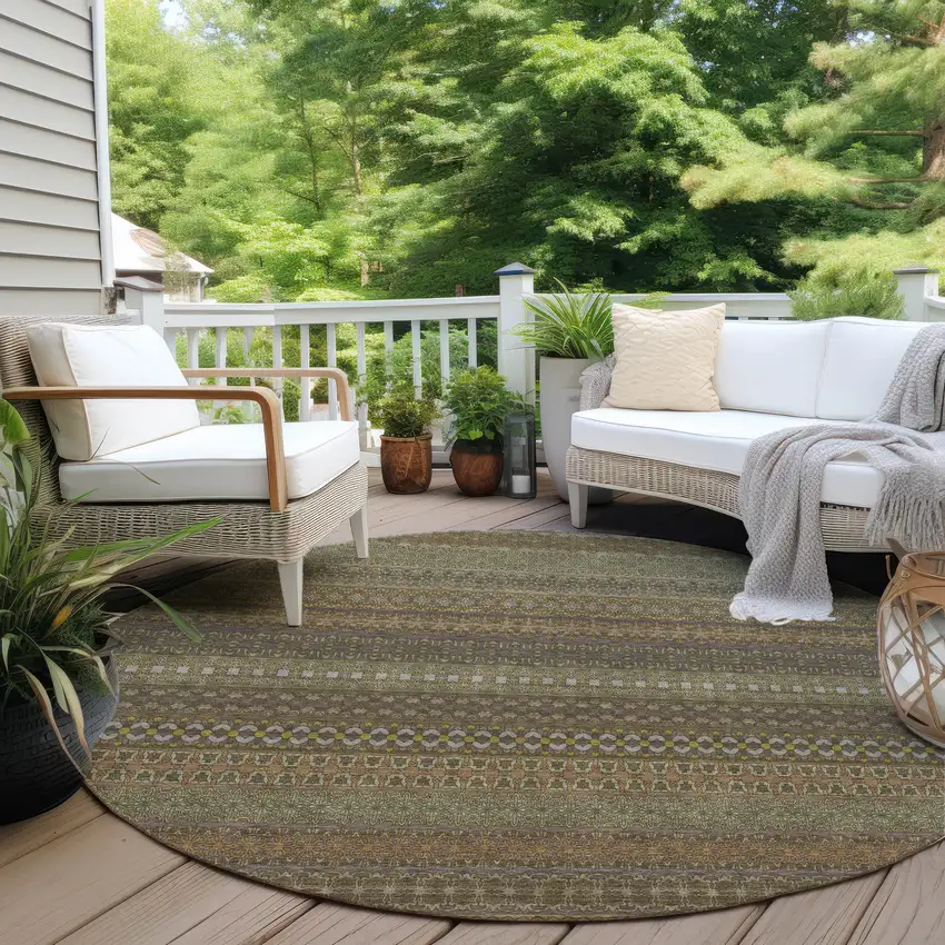 8' Round Khaki Round Striped Washable Non Skid Indoor Outdoor Area Rug Photo 9