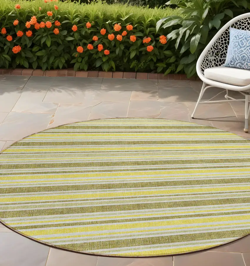 Khaki Yellow and Gray Round Striped Washable Non Skid Indoor Outdoor Area Rug Photo 1