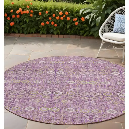 8' Round Lavender and Ivory Round Floral Washable Non Skid Indoor Outdoor Area Rug Photo 1