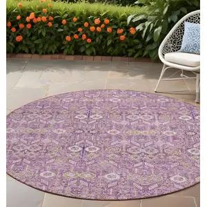 Photo of 8' Round Lavender and Ivory Round Floral Washable Non Skid Indoor Outdoor Area Rug