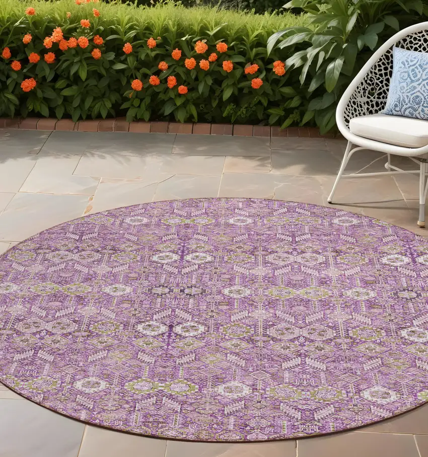 8' Round Lavender and Ivory Round Floral Washable Non Skid Indoor Outdoor Area Rug Photo 1