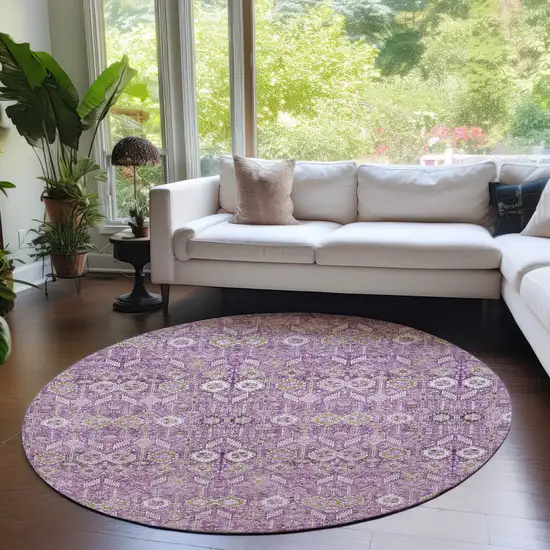 8' Round Lavender and Ivory Round Floral Washable Non Skid Indoor Outdoor Area Rug Photo 6