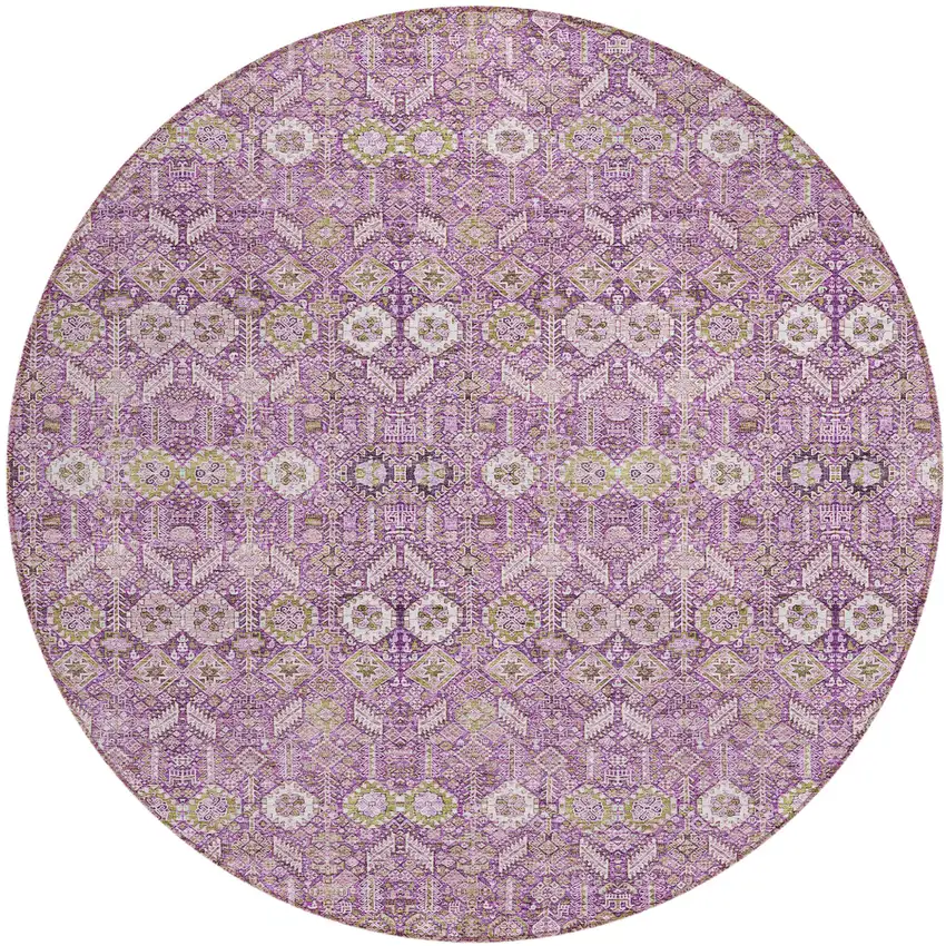 Lavender and Ivory Round Floral Washable Non Skid Indoor Outdoor Area Rug Photo 1