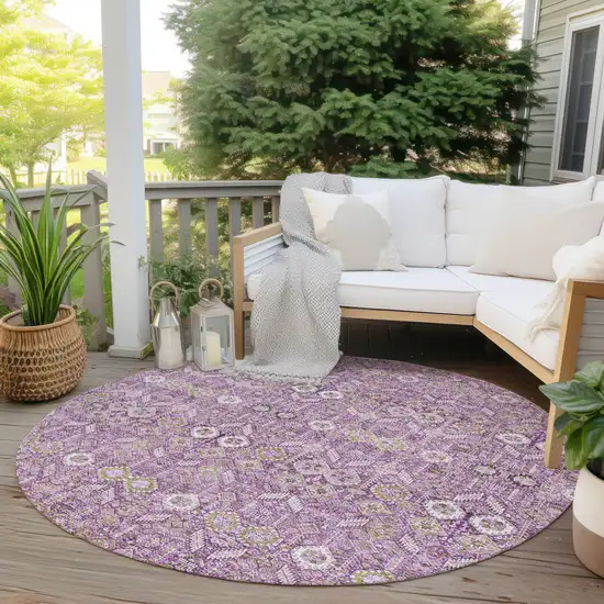8' Round Lavender and Ivory Round Floral Washable Non Skid Indoor Outdoor Area Rug Photo 5