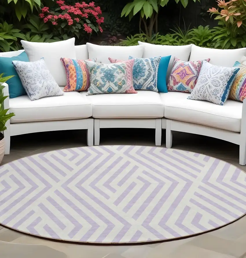 8' Round Lavender and Ivory Round Geometric Washable Non Skid Indoor Outdoor Area Rug Photo 1