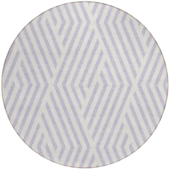 8' Round Lavender and Ivory Round Geometric Washable Non Skid Indoor Outdoor Area Rug Photo 2