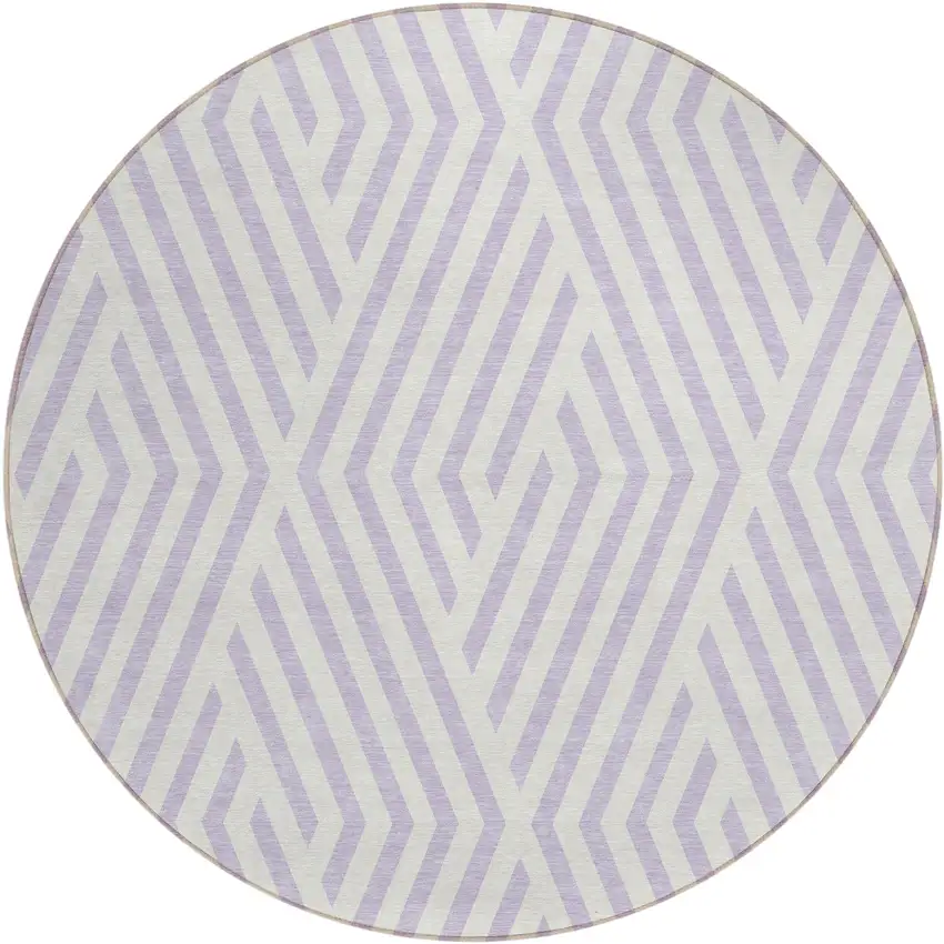 8' Round Lavender and Ivory Round Geometric Washable Non Skid Indoor Outdoor Area Rug Photo 2