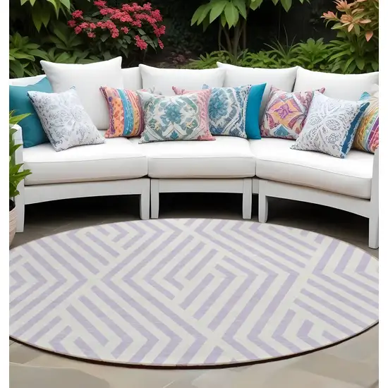 Lavender and Ivory Round Geometric Washable Non Skid Indoor Outdoor Area Rug Photo 1