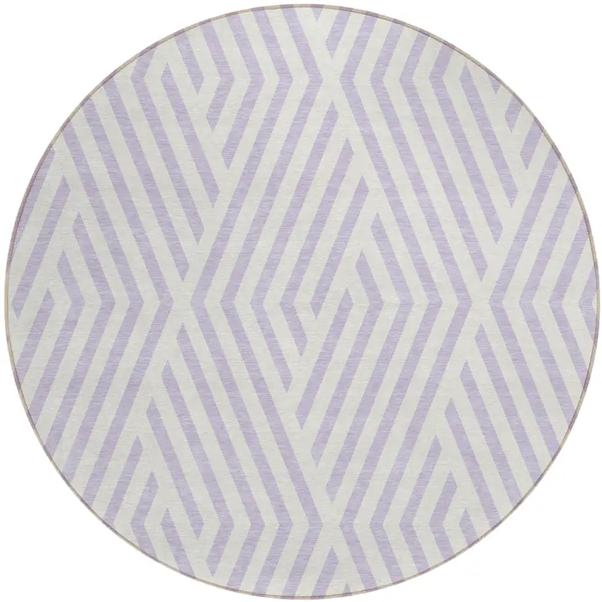 Lavender and Ivory Round Geometric Washable Non Skid Indoor Outdoor Area Rug Photo 2