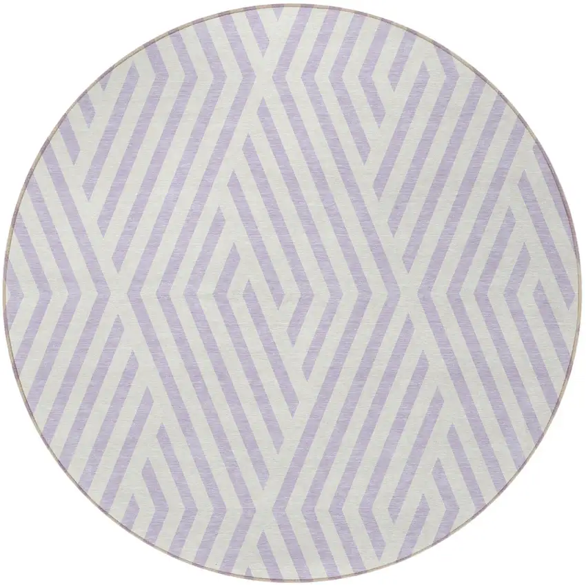 Lavender and Ivory Round Geometric Washable Non Skid Indoor Outdoor Area Rug Photo 5