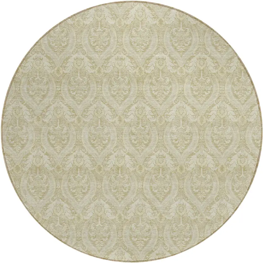 8' Round Light Green Round Damask Washable Non Skid Indoor Outdoor Area Rug Photo 2