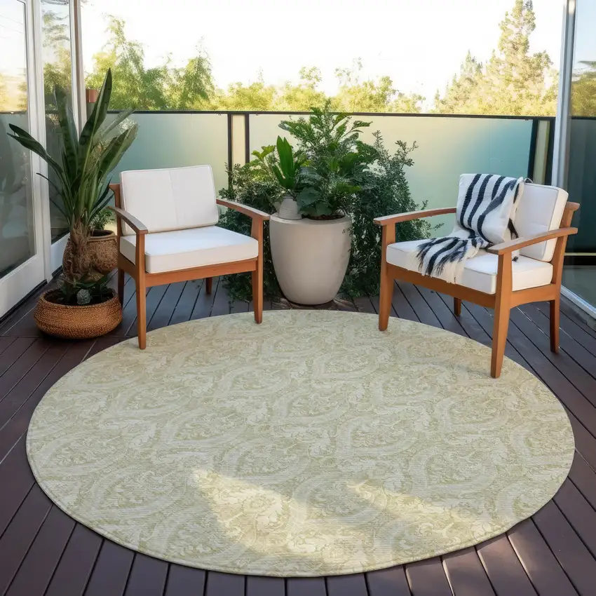 Light Green Round Damask Washable Non Skid Indoor Outdoor Area Rug Photo 8