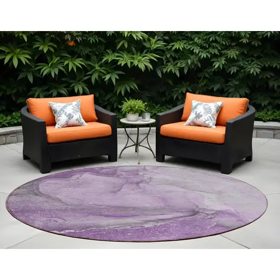 Lilac Round Abstract Washable Non Skid Indoor Outdoor Area Rug Photo 1