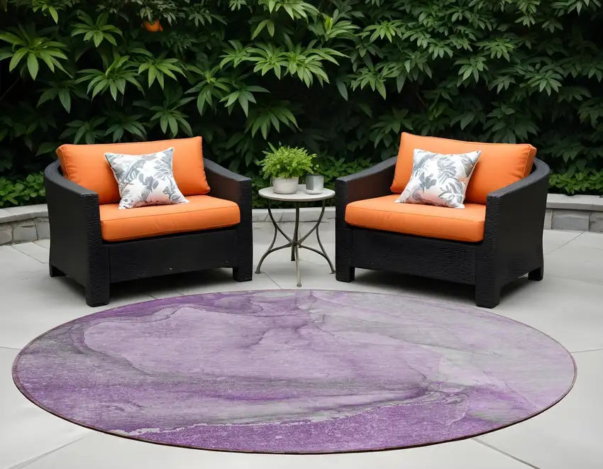 Lilac Round Abstract Washable Non Skid Indoor Outdoor Area Rug Photo 1