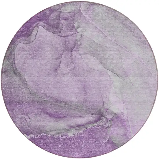 Lilac Round Abstract Washable Non Skid Indoor Outdoor Area Rug Photo 2
