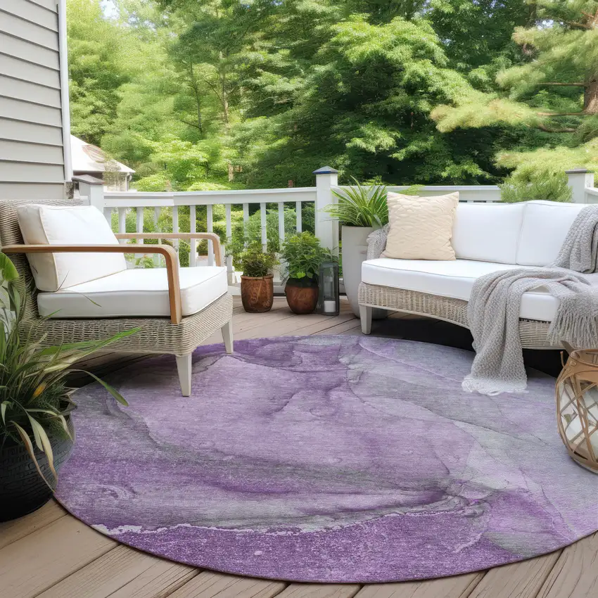 Lilac Round Abstract Washable Non Skid Indoor Outdoor Area Rug Photo 8