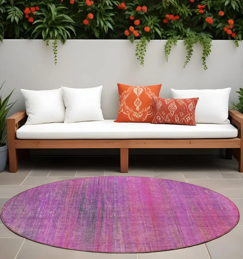 Lilac Round Striped Washable Non Skid Indoor Outdoor Area Rug Photo 1