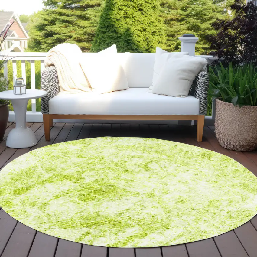 Lime Green Round Abstract Washable Non Skid Indoor Outdoor Area Rug Photo 8