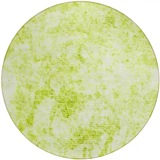 Lime Green Round Abstract Washable Non Skid Indoor Outdoor Area Rug Photo 2