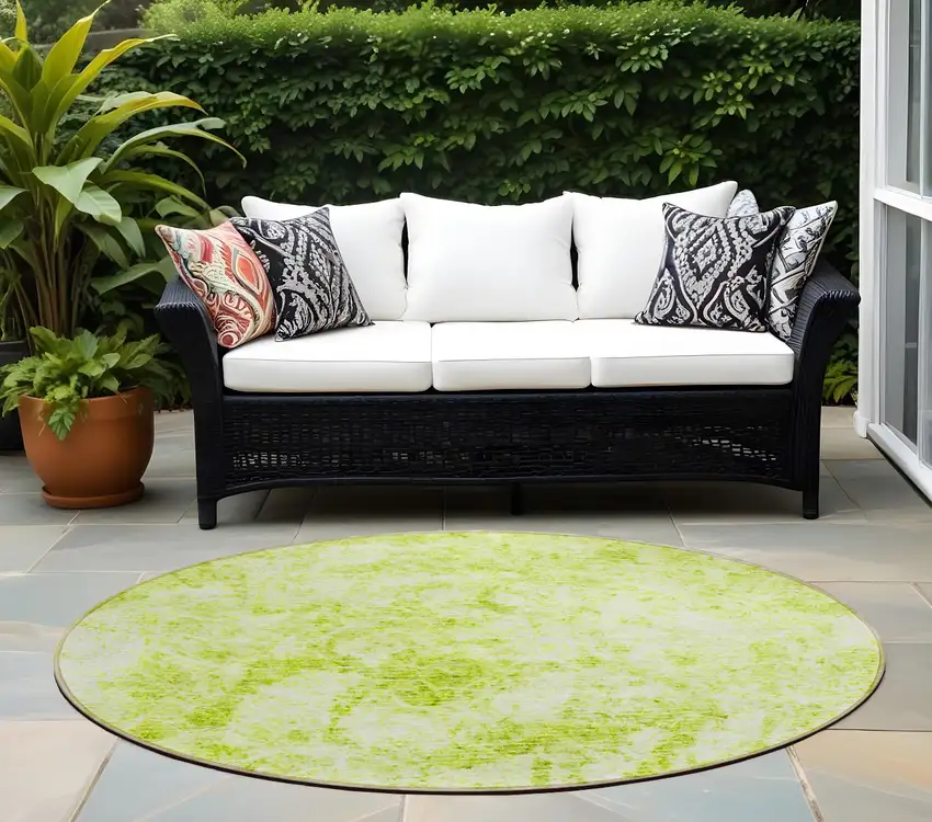 8' Round Lime Green Round Abstract Washable Non Skid Indoor Outdoor Area Rug Photo 1