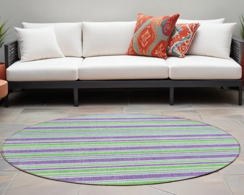 Green Purple and Blue Round Striped Washable Non Skid Indoor Outdoor Area Rug Photo 1