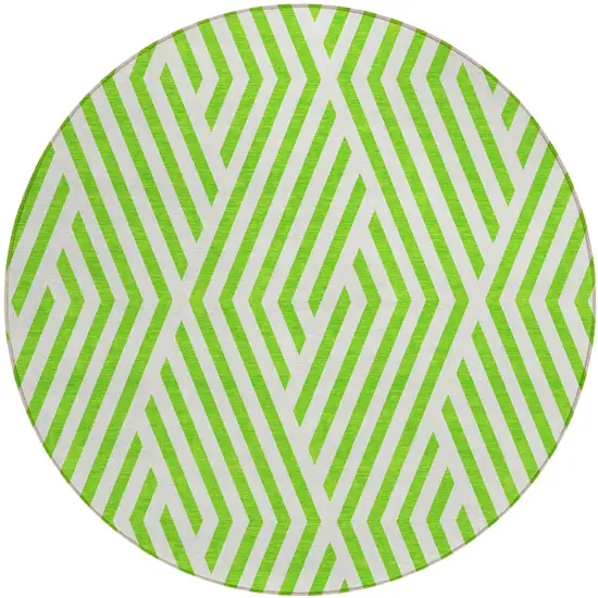 Lime Green and White Round Geometric Washable Non Skid Indoor Outdoor Area Rug Photo 2