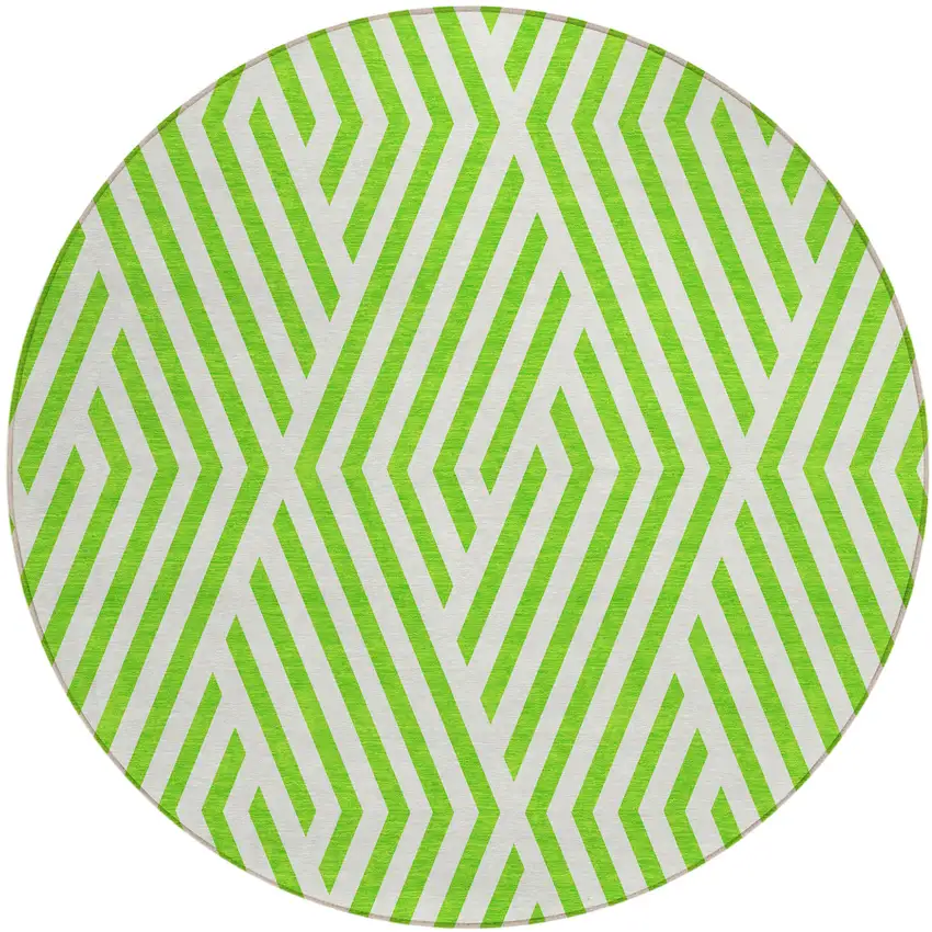 Lime Green and White Round Geometric Washable Non Skid Indoor Outdoor Area Rug Photo 2
