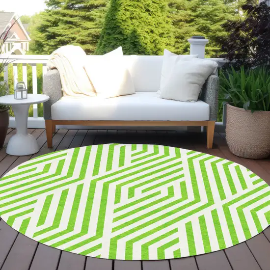 Lime Green and White Round Geometric Washable Non Skid Indoor Outdoor Area Rug Photo 8