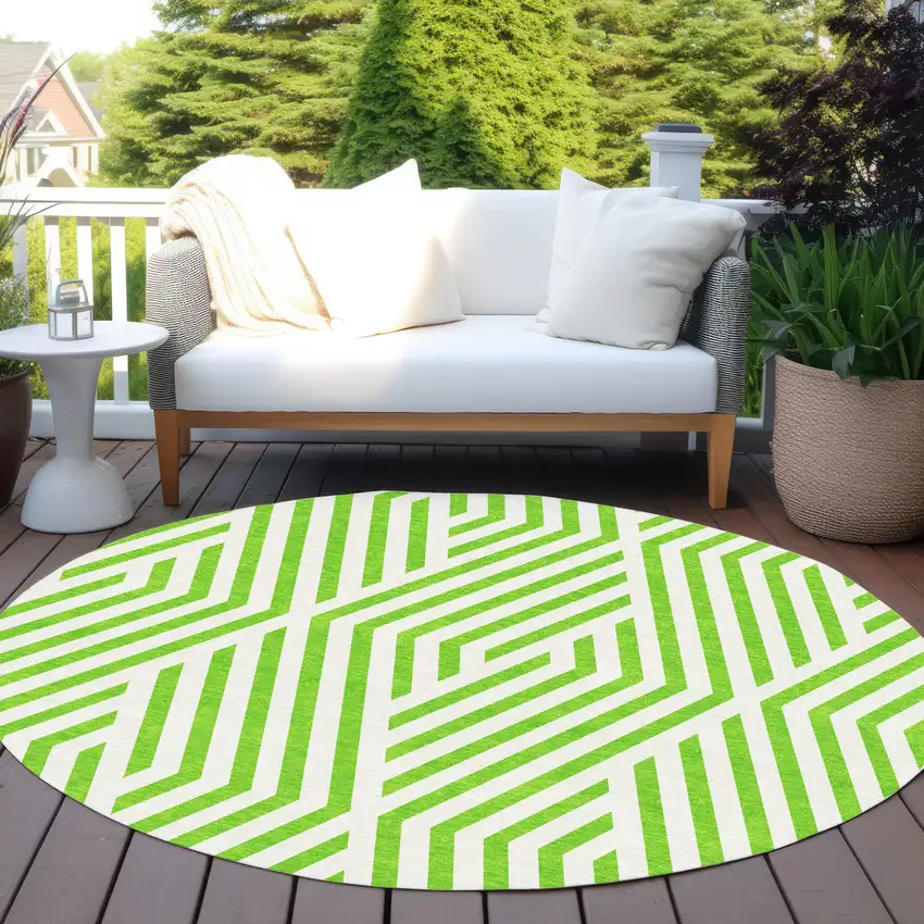 Lime Green and White Round Geometric Washable Non Skid Indoor Outdoor Area Rug Photo 8