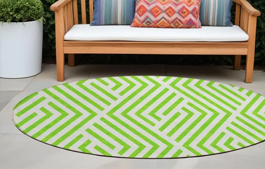 Lime Green and White Round Geometric Washable Non Skid Indoor Outdoor Area Rug Photo 1