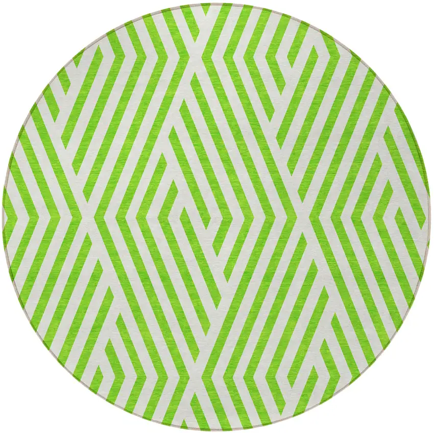 Lime Green and White Round Geometric Washable Non Skid Indoor Outdoor Area Rug Photo 5