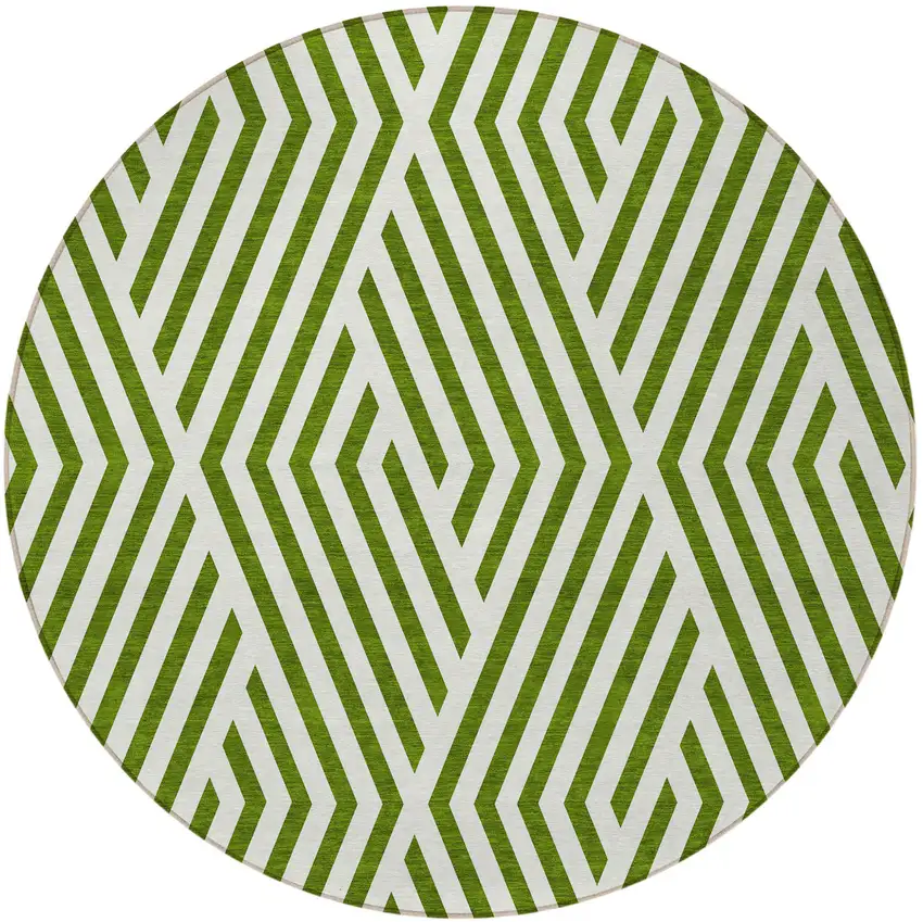 Lime Green and White Round Geometric Washable Non Skid Indoor Outdoor Area Rug Photo 5